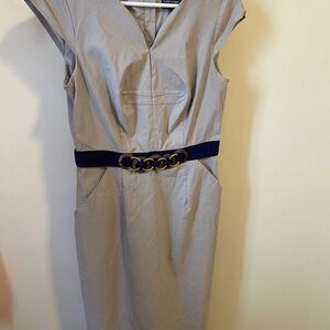 Adrianna Papell Gray Midi Dress with Navy Belt and Gold Chain